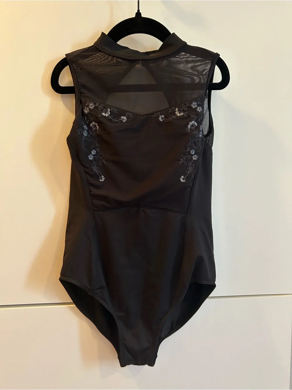 Bloch Black Sleeveless Mesh-Back Floral Embroidered Leotard - Child’s 12